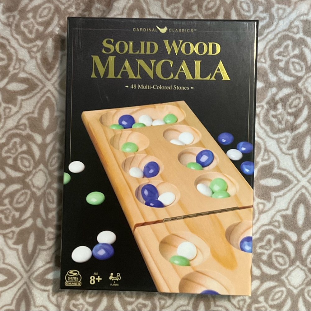 Solid Wood Mancala Game with Multi-Colored Stones